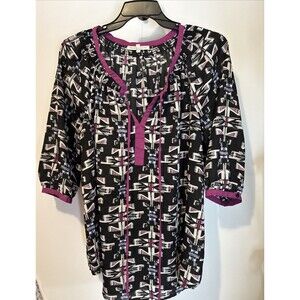 Daniel Rainn 1x Women Tribal Blouse V neck Black Purple 3/4 Top Chest 51" Preown